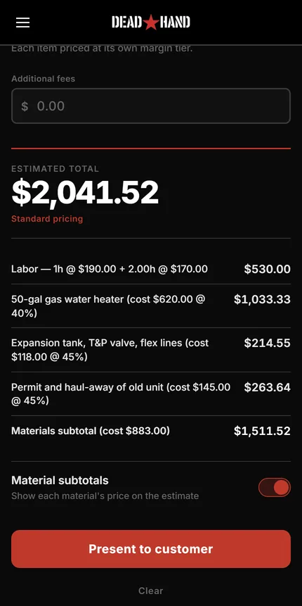 The Dead Hand calculator on a phone, showing a $2,041.52 water heater job with each material line broken out by cost and margin tier