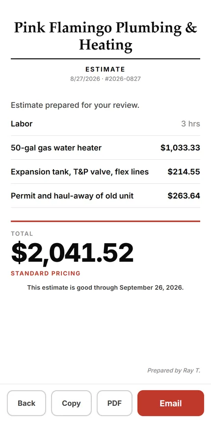 The customer-facing Dead Hand estimate for the same job: the shop’s name at the top, line items and a $2,041.52 total, and no cost or margin anywhere on it